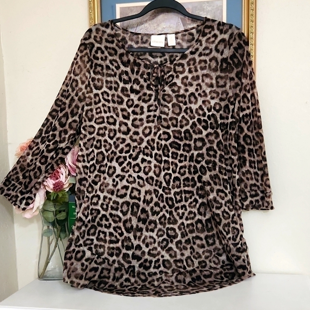 Chicos Leopard print sheer Top Tunic waterfall hem Career Contemporary